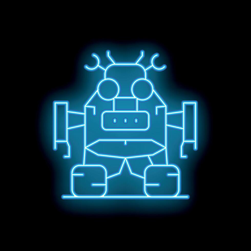 Blue neon sign of a retro robot standing on a black background vector