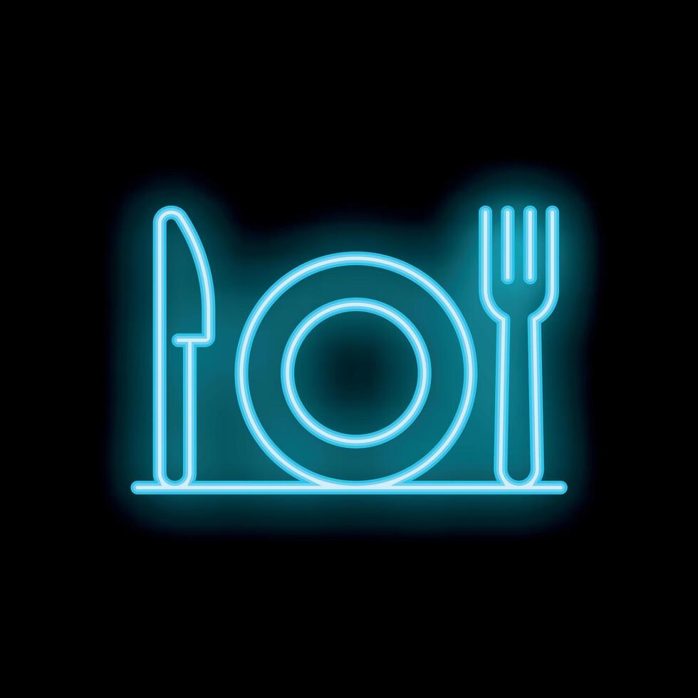 Neon sign showing fork knife and plate on black background vector