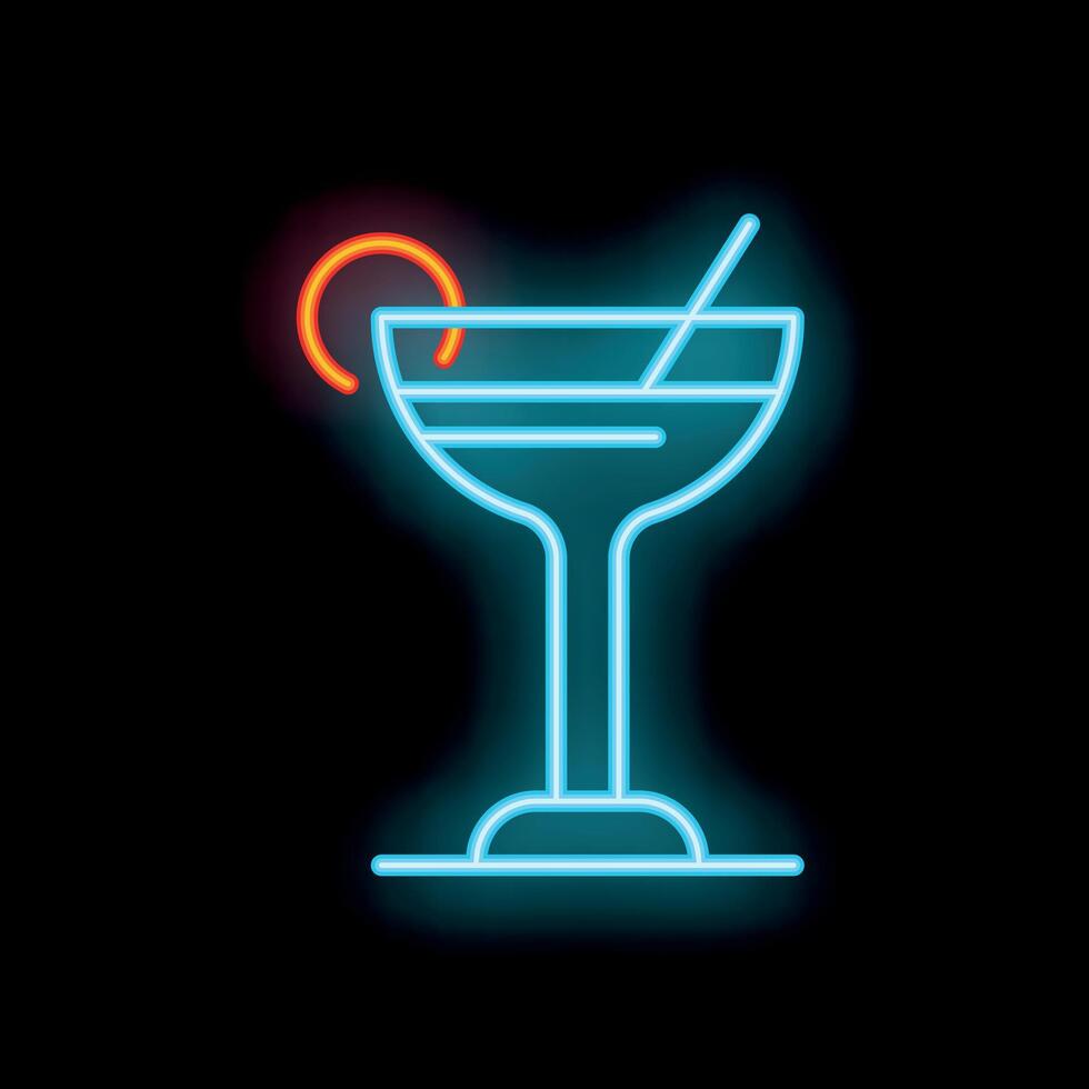 Blue neon sign showing a cocktail glass with a slice of orange and a straw vector