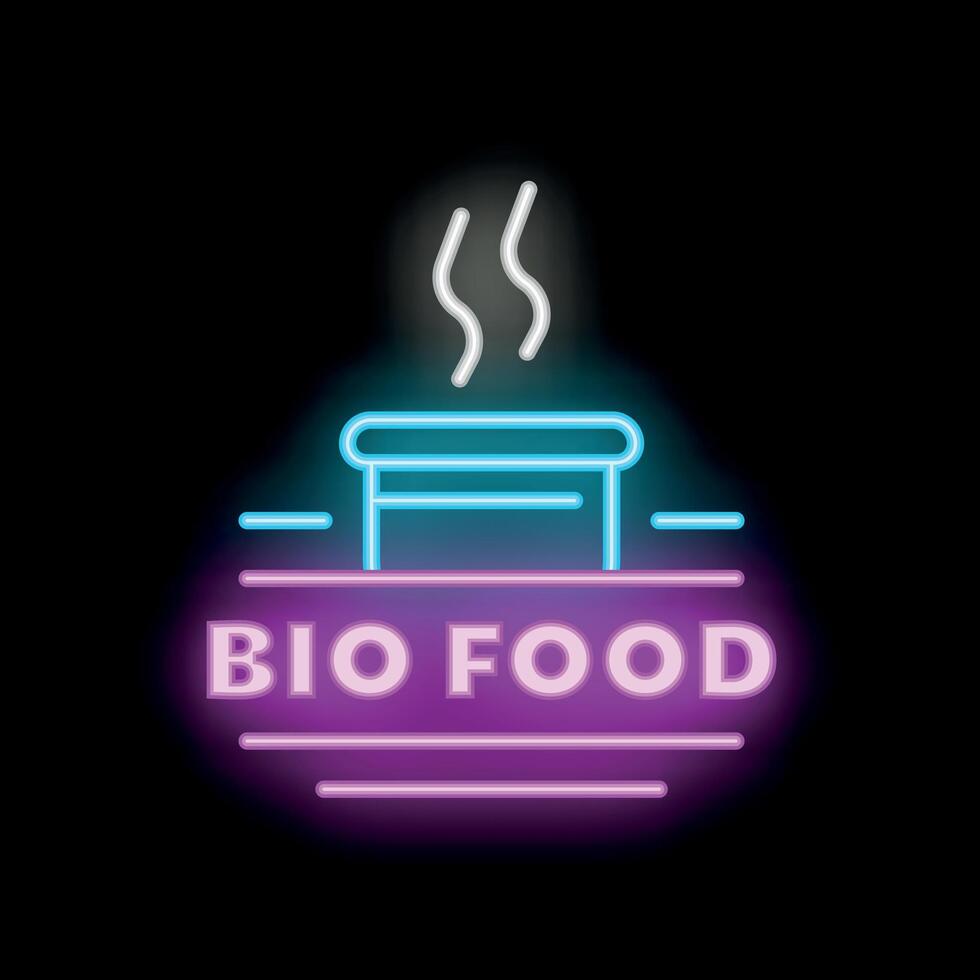Neon sign representing bio food with a steaming cup logo vector