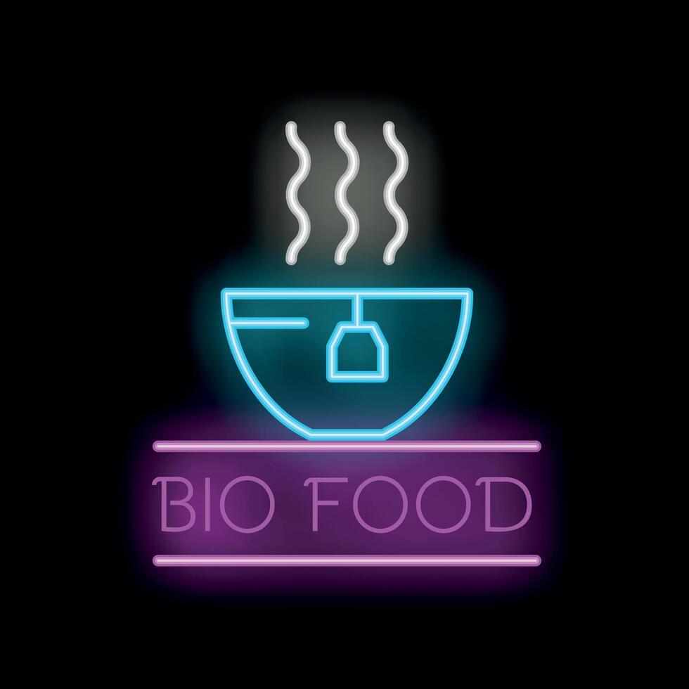 Neon sign of steaming bio food in a bowl vector