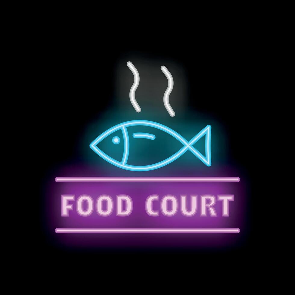 Neon food court sign with steaming fish icon over black background vector