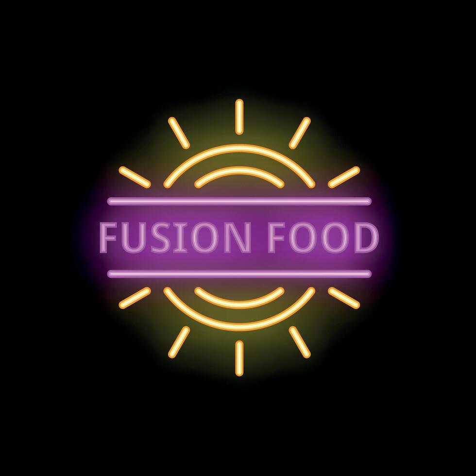 Fusion food neon sign with sun and purple text on black background vector