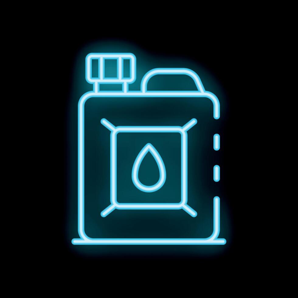 Blue neon sign icon of jerrycan with falling drop on black background vector