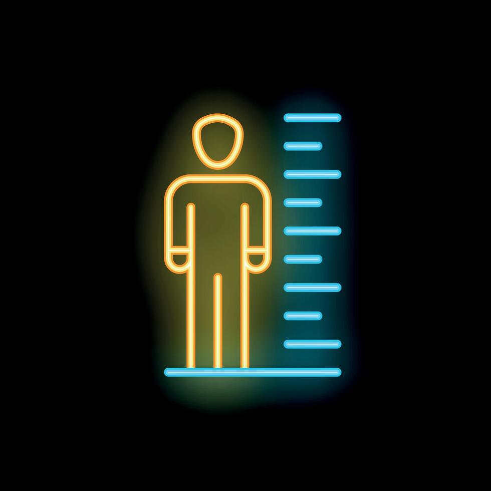 Neon sign of person measuring height on scale vector