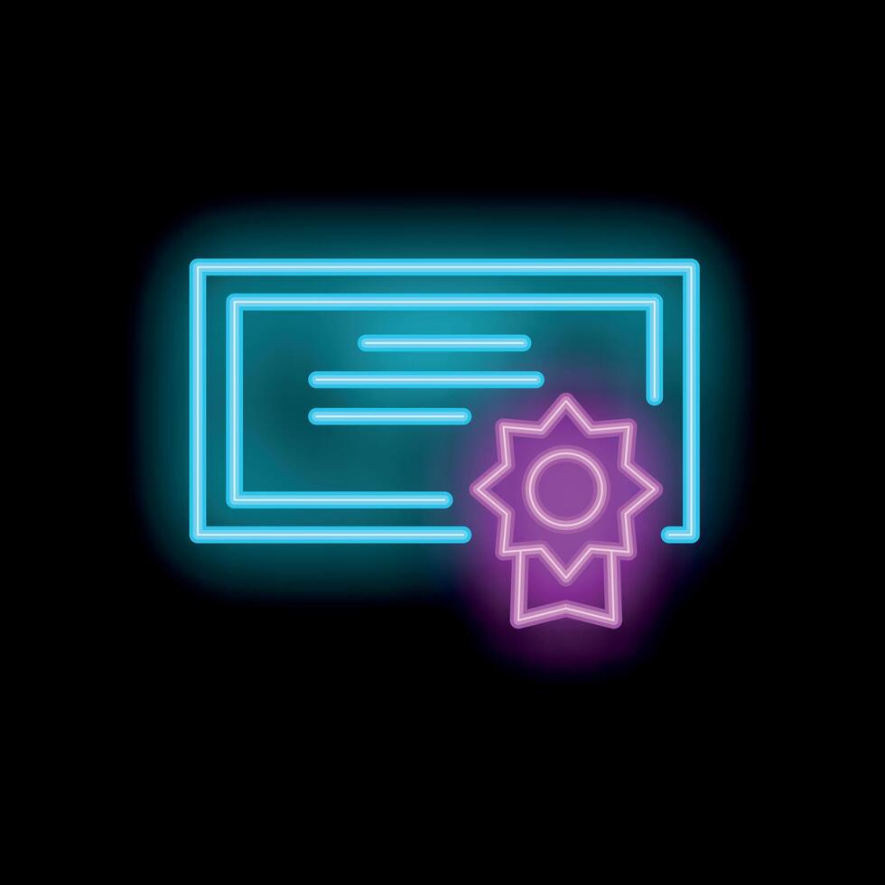Neon icon of certificate with a badge representing online education and success vector