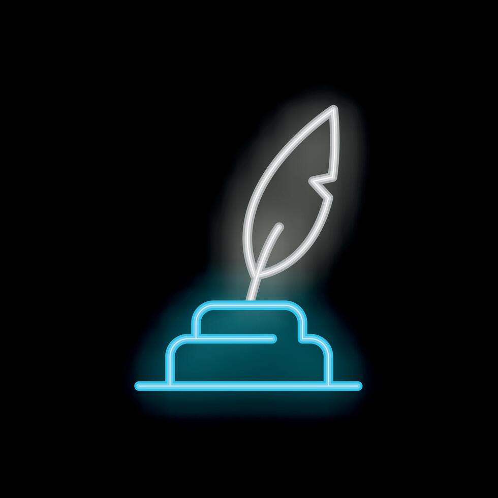 Neon sign of feather quill pen resting on inkwell representing writing vector