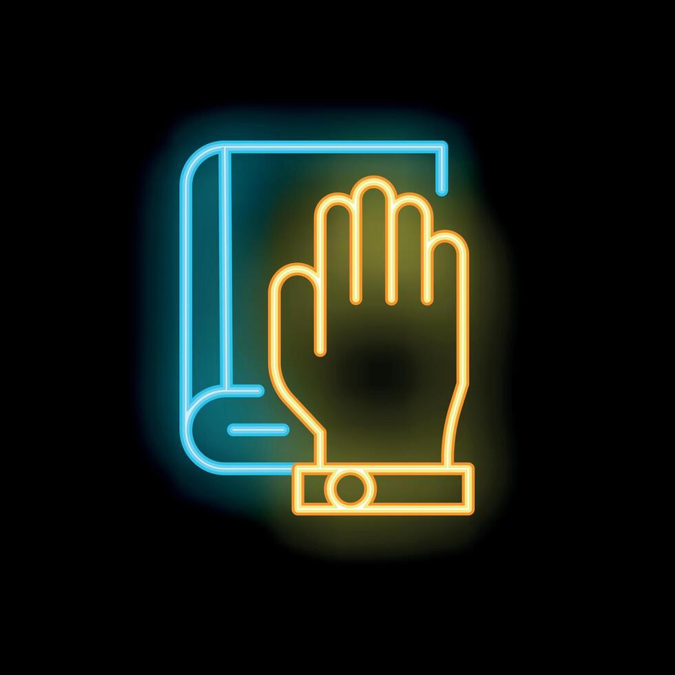 Hand taking oath on constitution neon sign icon on black background vector