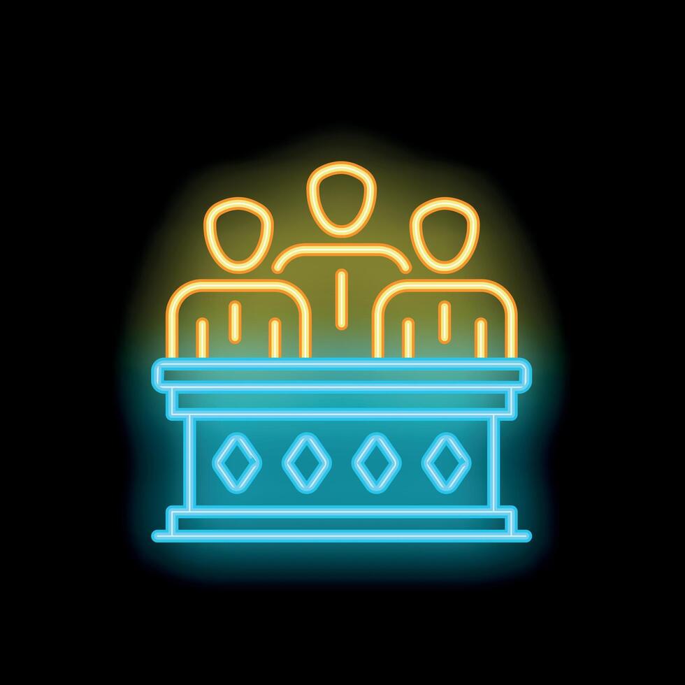 Neon icon of three judges sitting at bench delivering verdict vector