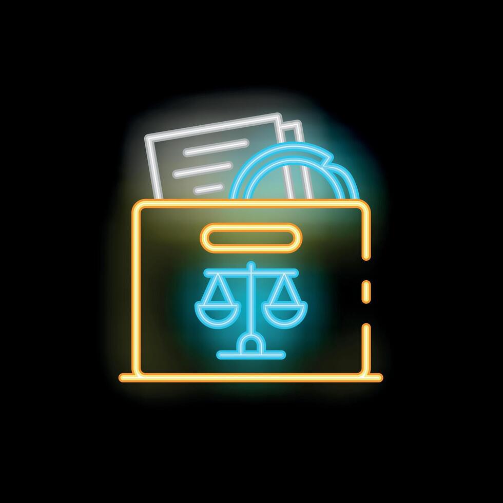 Neon sign depicting a law firm offering legal services with documents and scale of justice vector