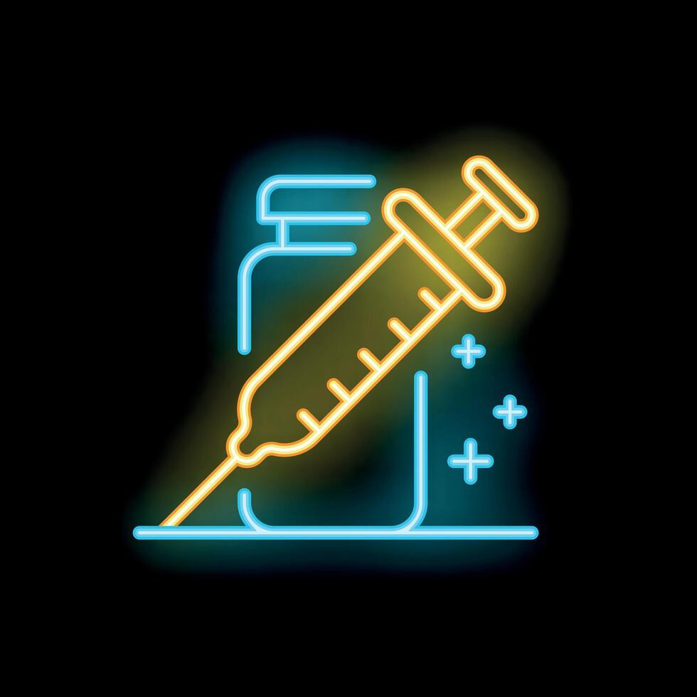 Neon style icon of syringe injecting into vial vector