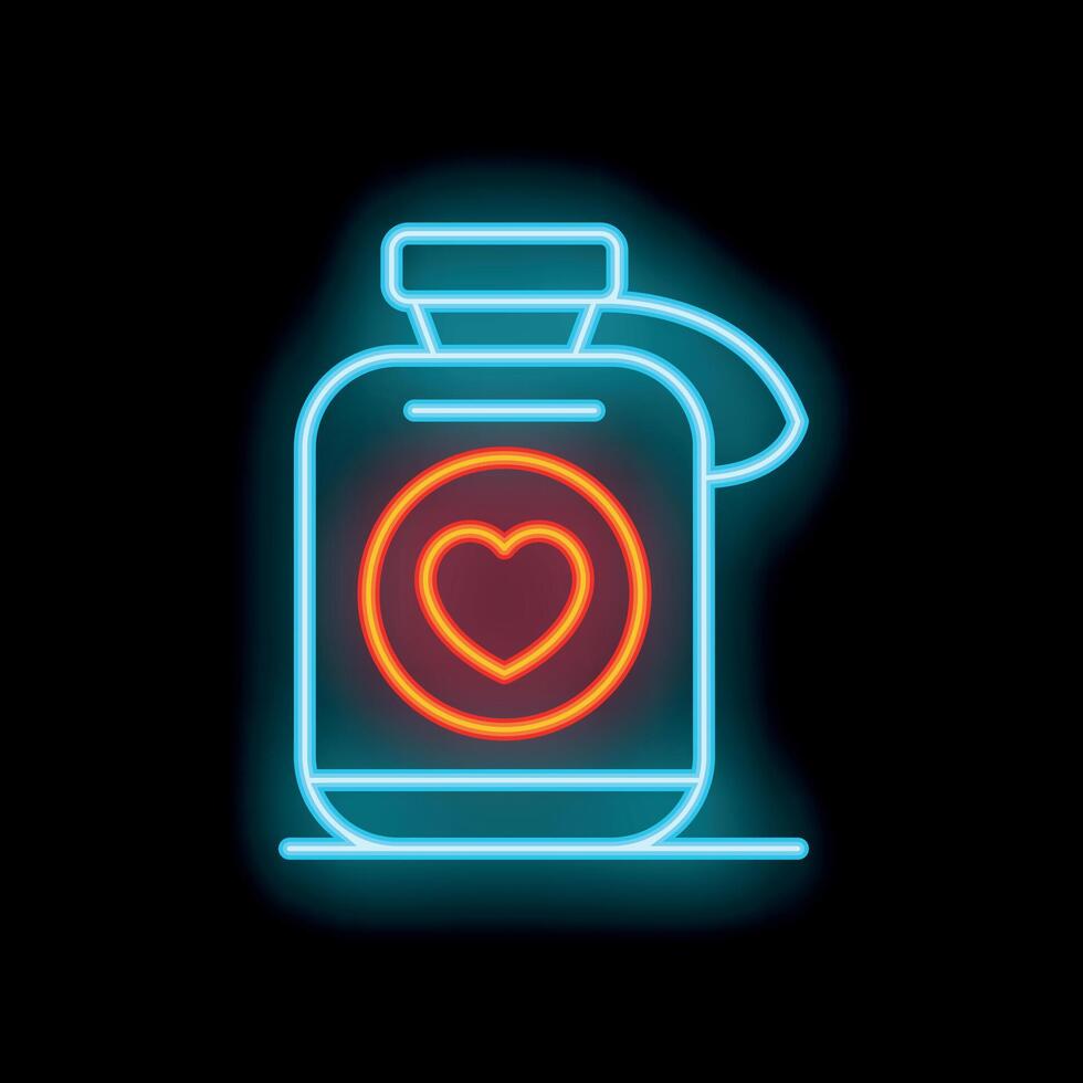 Neon icon of a bottle with love potion glowing on dark background vector