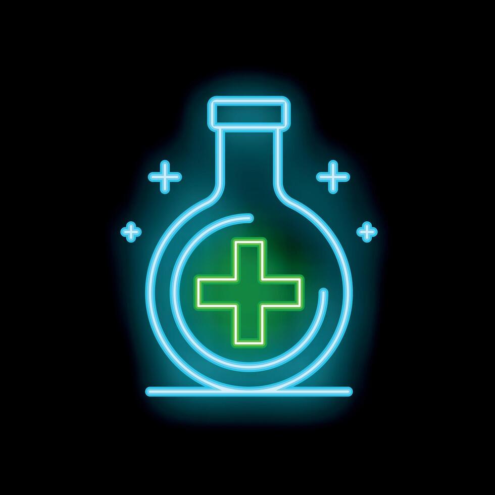 Neon medical flask glowing with green cross sign vector