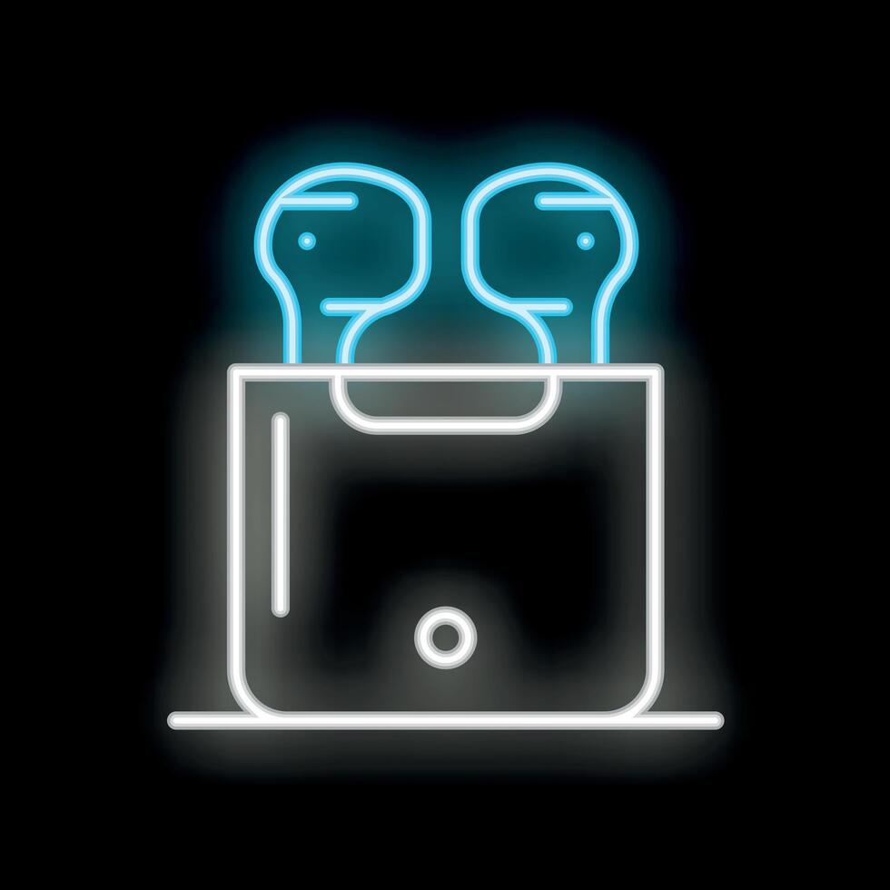 Neon wireless earphones charging in case on black background vector
