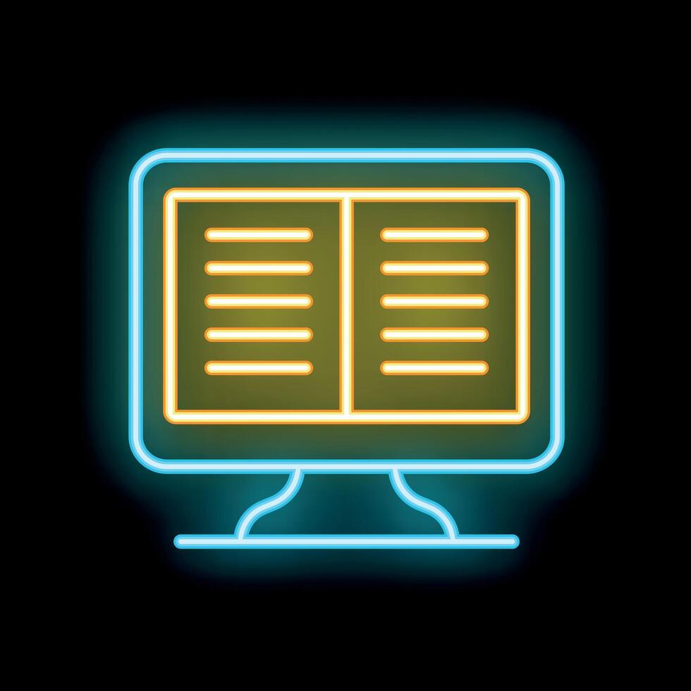 Neon icon of open book displaying on computer monitor screen vector