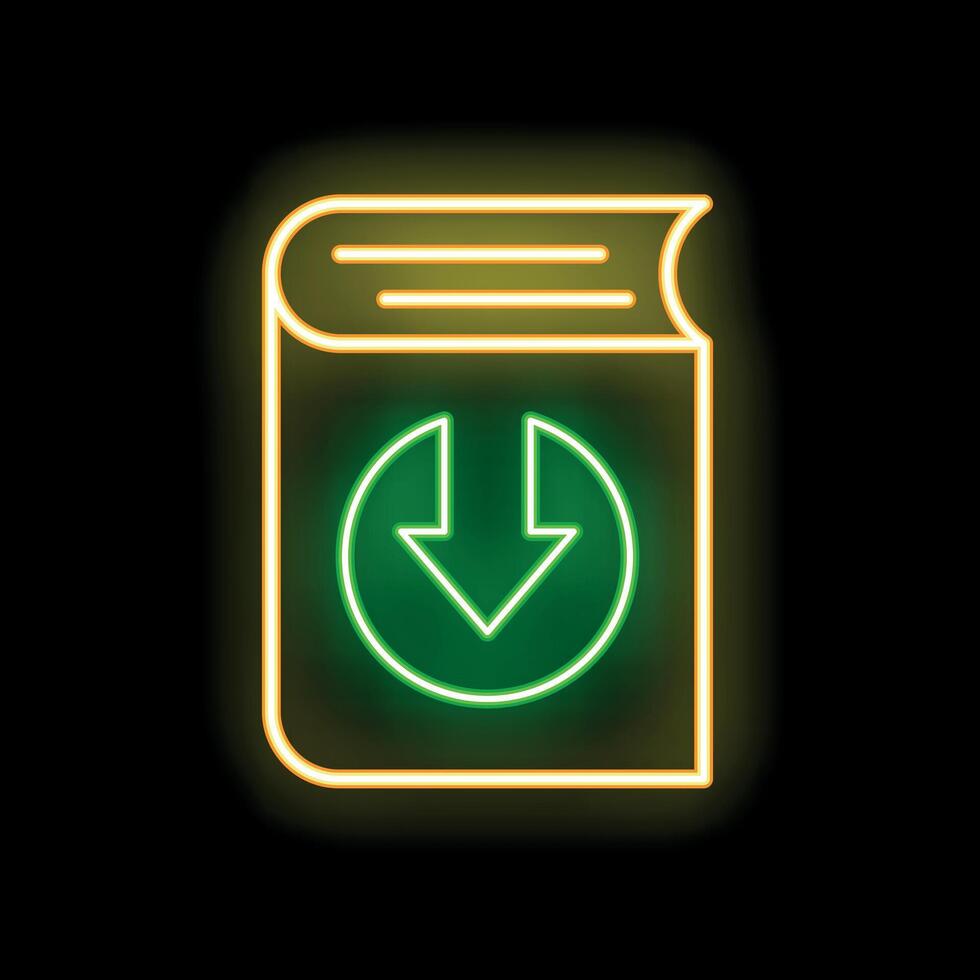 Neon download icon on a book cover symbolizing ebooks vector