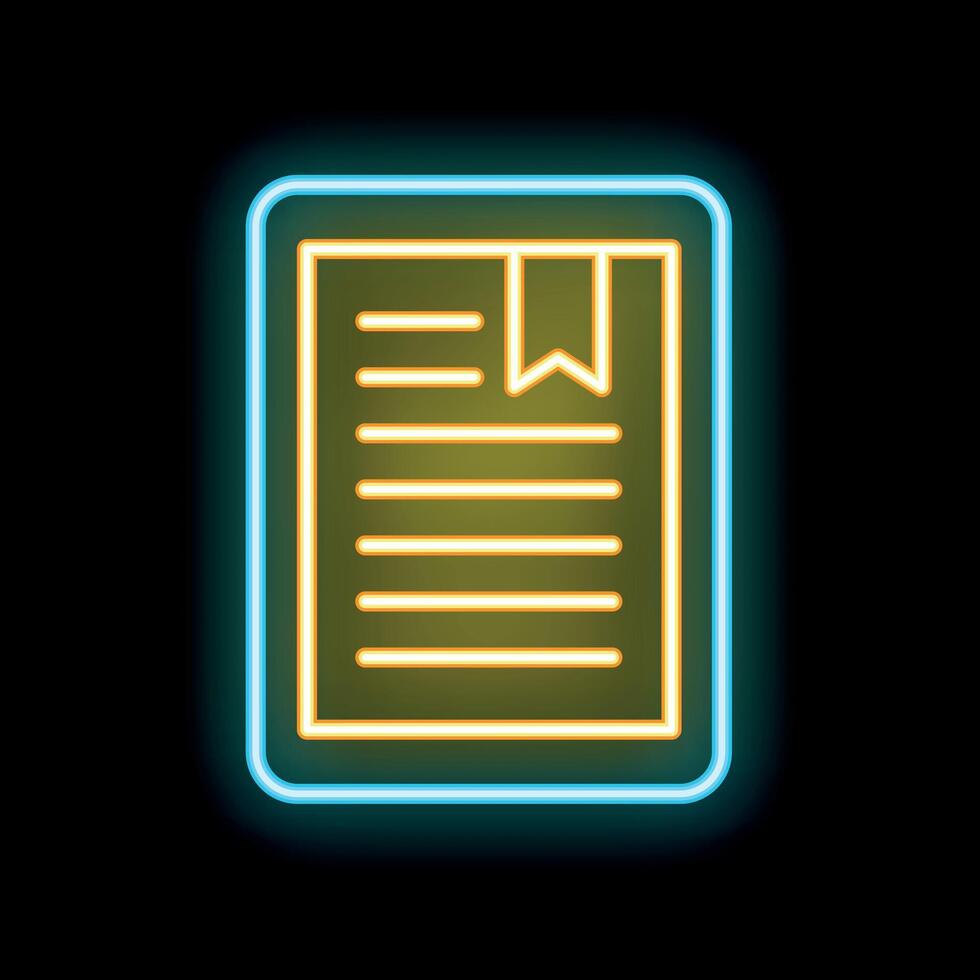 Glowing neon icon of a document with bookmark on a black background vector