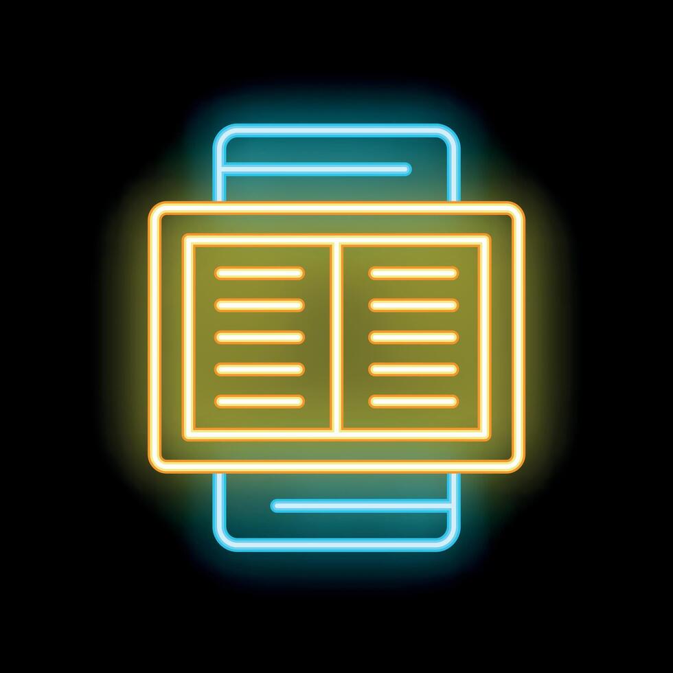 Neon icon of an ebook reader displaying an open book for digital reading vector