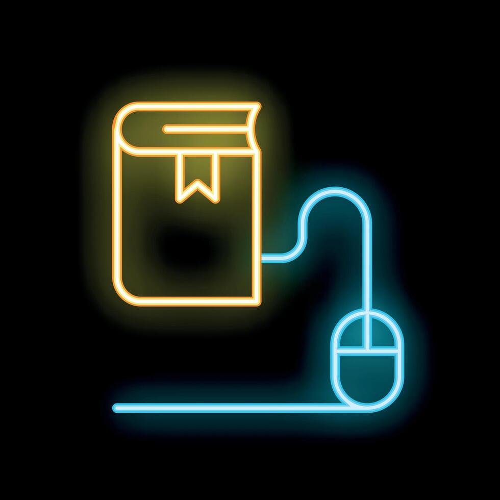 Neon online education icon with book and mouse connected vector
