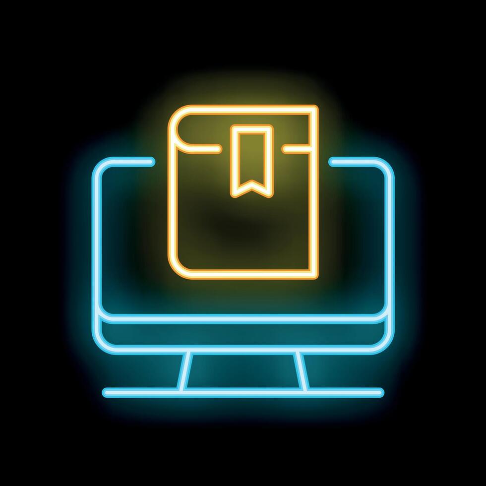 Neon icon of online education with book and bookmark displayed on computer screen vector