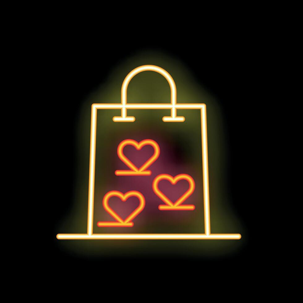 Neon shopping bag with hearts glowing on dark background vector