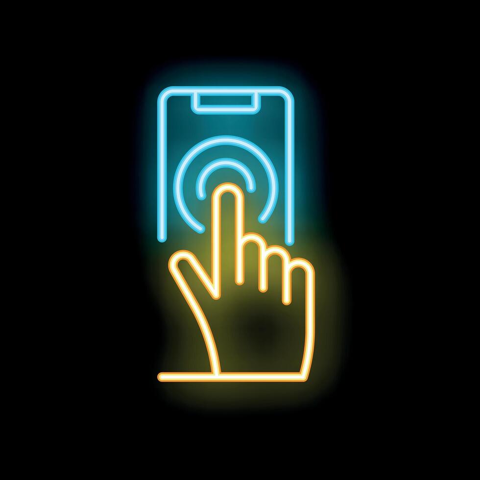 Hand touching smartphone screen neon sign icon vector