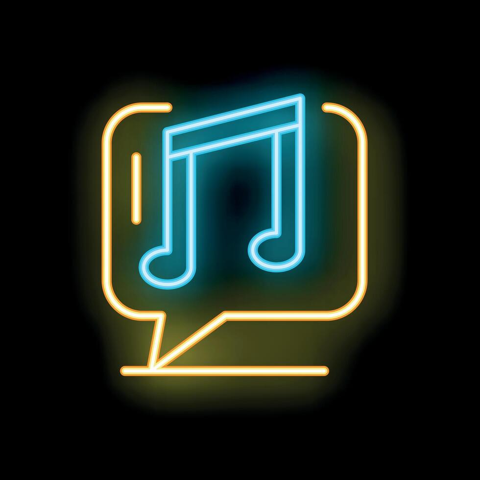 Neon speech bubble containing musical notes on black background vector