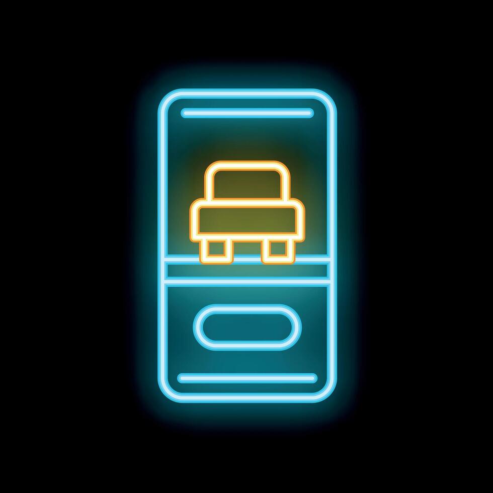 Neon icon of smartphone displaying car reservation app interface vector