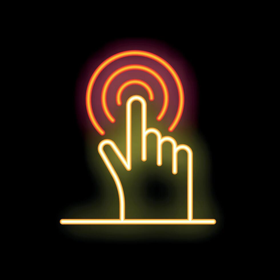 Hand pressing touch screen neon sign on black background vector