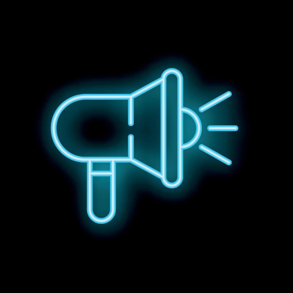 Neon blue megaphone icon glowing on black background vector