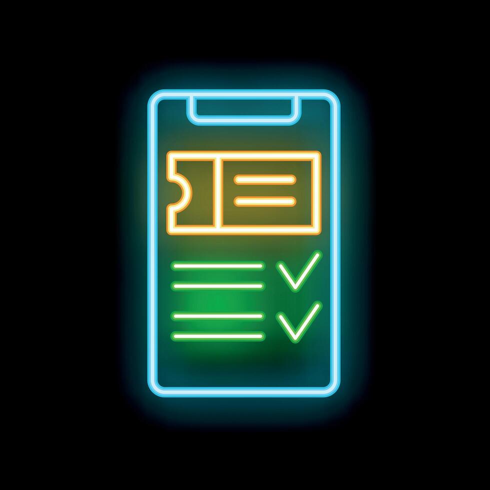 Glowing neon icon representing cinema industry with checklist and movie ticket vector