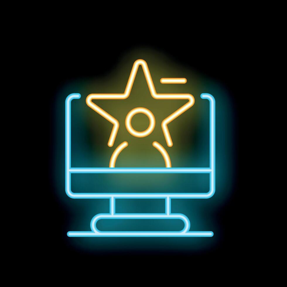 Neon icon of person with star displaying on computer screen vector