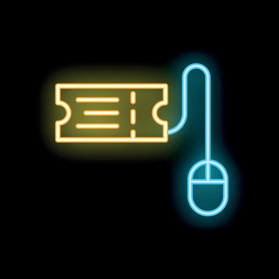 Neon icon of computer mouse connected to an admission ticket representing online booking vector