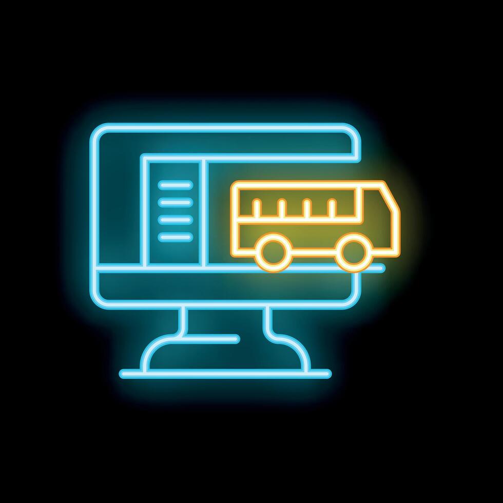 Neon icon of delivery truck coming out of computer screen representing online delivery service vector