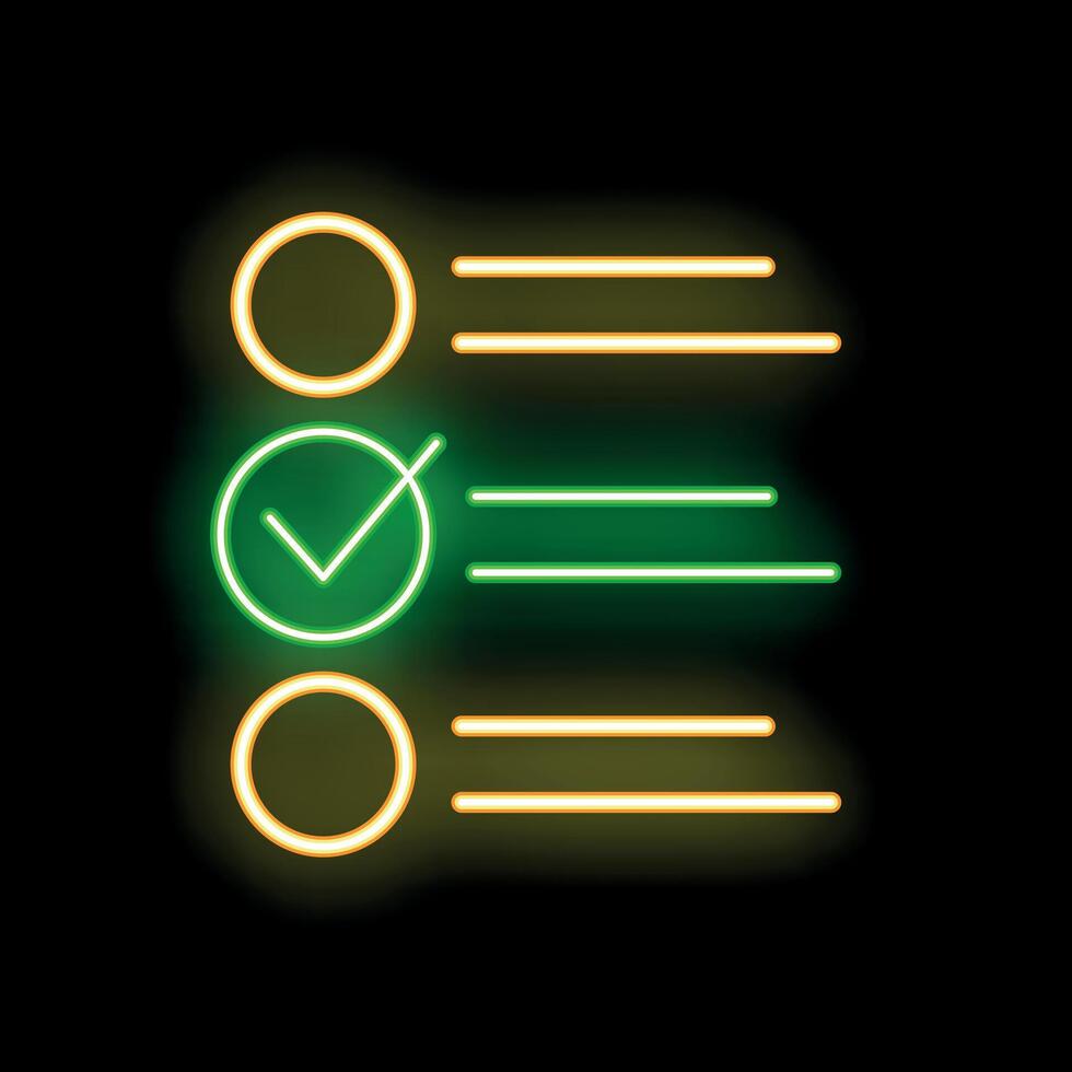 Neon green check mark on checklist icon glowing on black background vector