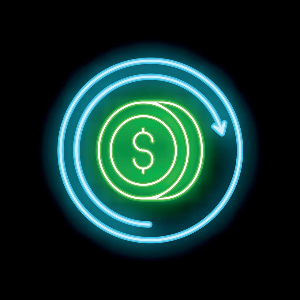 Neon sign representing money cash back concept with dollar coin and rotation arrows on black background vector