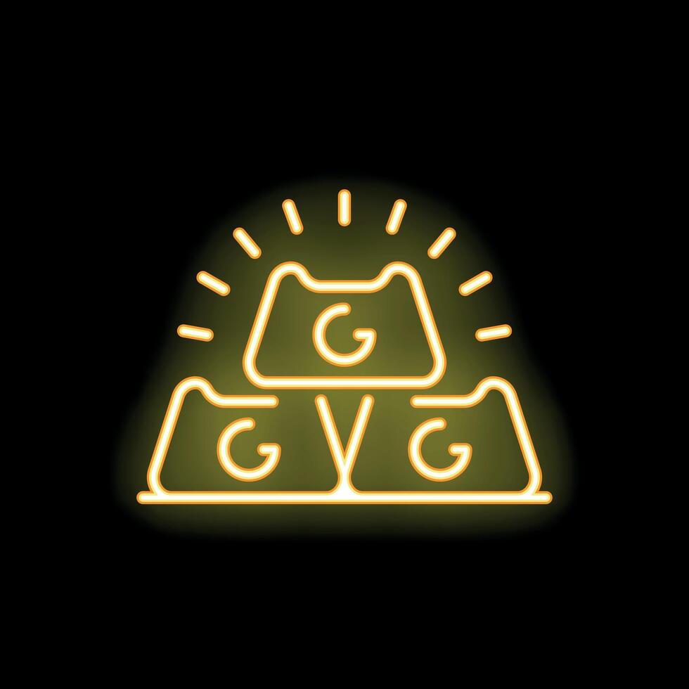 Neon sign representing gold bars shining with glowing rays on black background vector