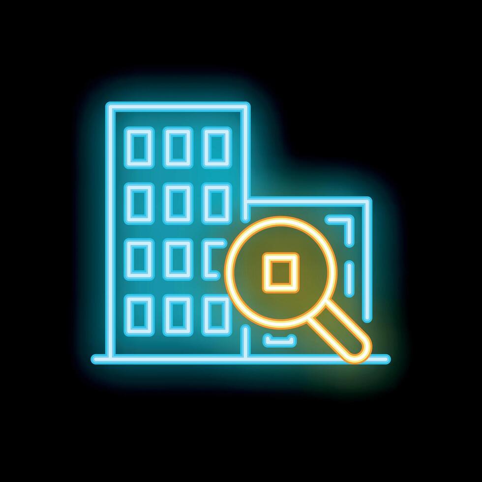 Neon icon of magnifying glass examining apartment building vector