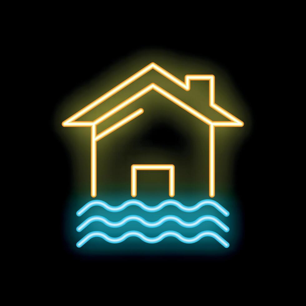 Neon house flooded by giant blue waves on black background vector