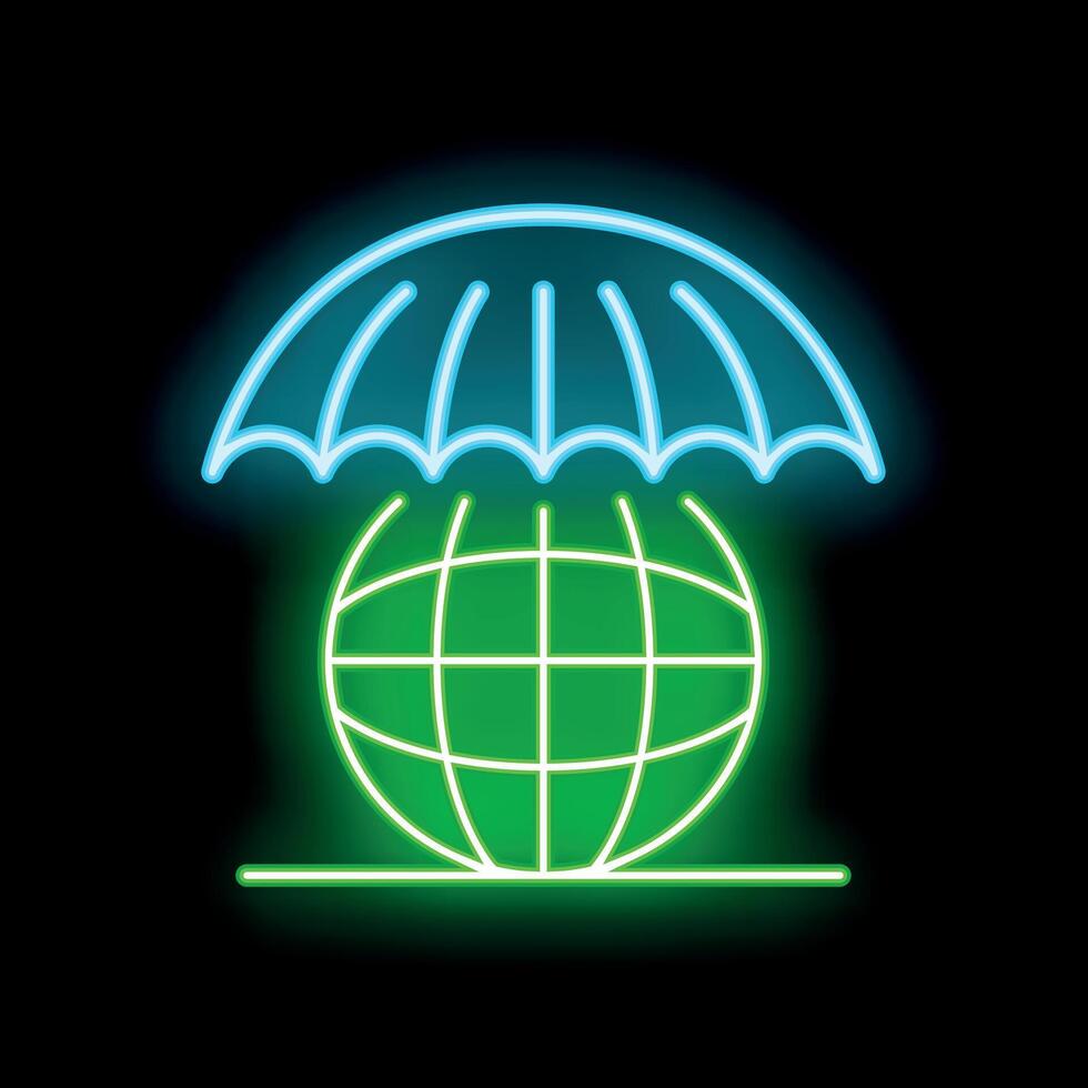 Glowing neon line umbrella protecting earth globe icon isolated on a black background illustration vector