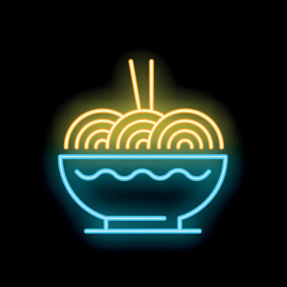 Neon sign of noodles in bowl with chopsticks vector
