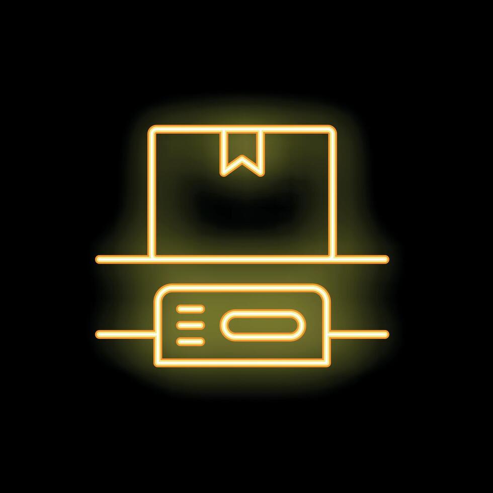 Neon sign of cardboard box on warehouse shelf with barcode scanner for logistics and delivery vector
