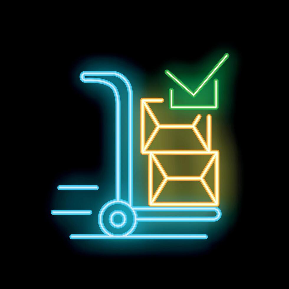 Neon sign of fast delivery hand truck with cardboard boxes and check mark vector