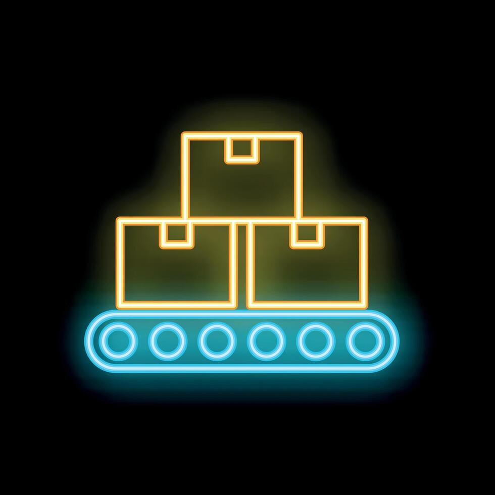 Neon sign representing conveyor belt moving cardboard boxes vector