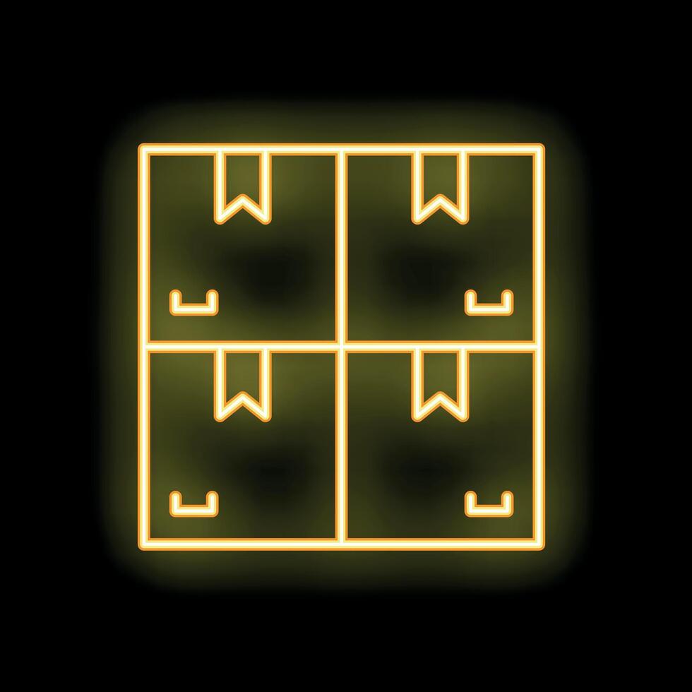 Yellow neon icon of four cardboard boxes representing storage or delivery vector
