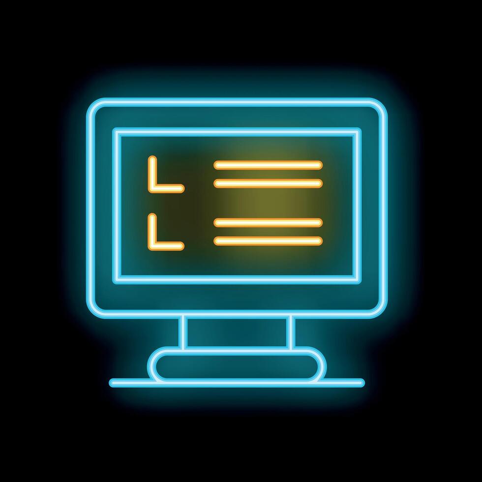 Neon computer monitor displaying checklist icon on black background vector