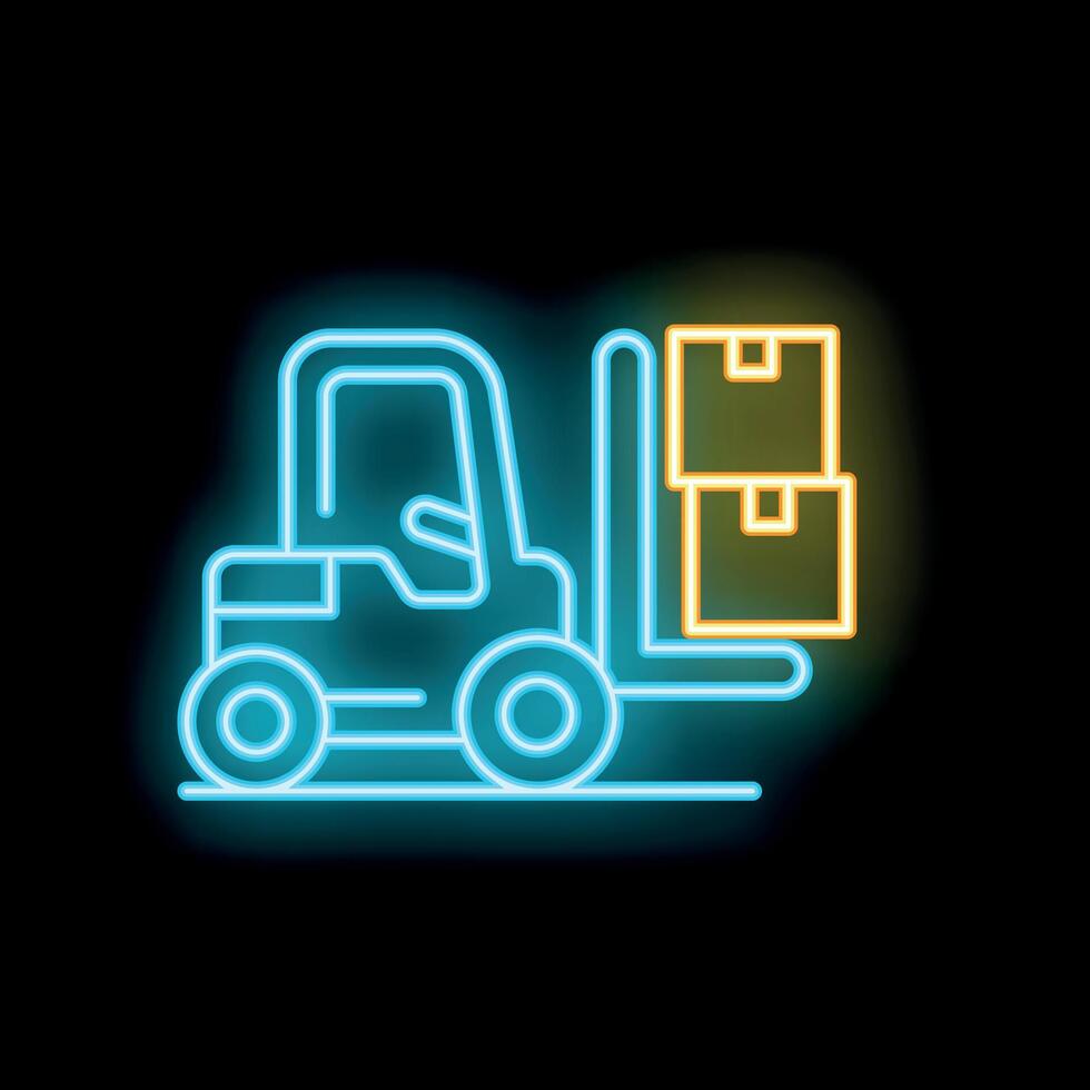 Glowing neon sign of forklift lifting cardboard boxes on black background vector
