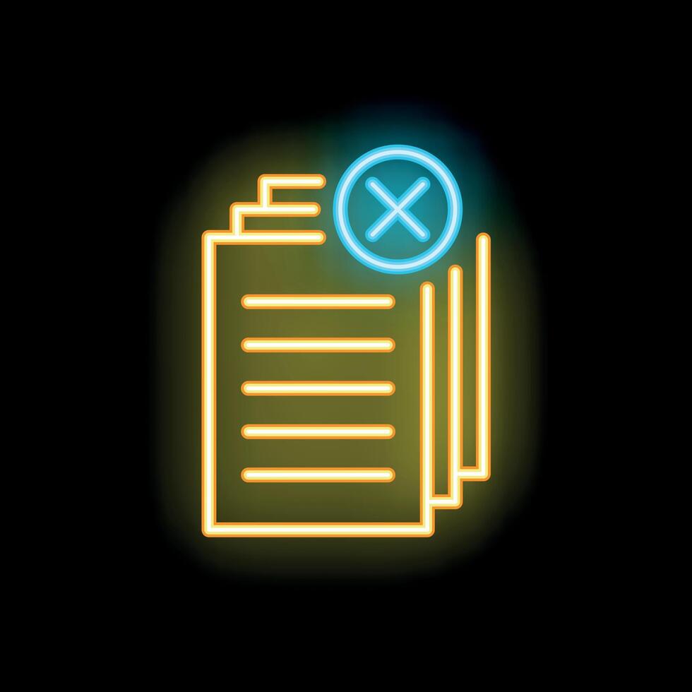 Neon icon of documents with cross sign representing rejected application vector