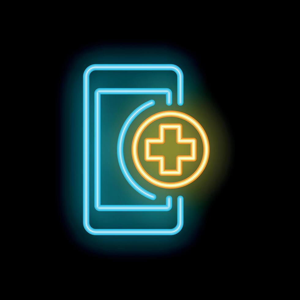 Neon mobile phone displaying medical cross symbol for healthcare app vector