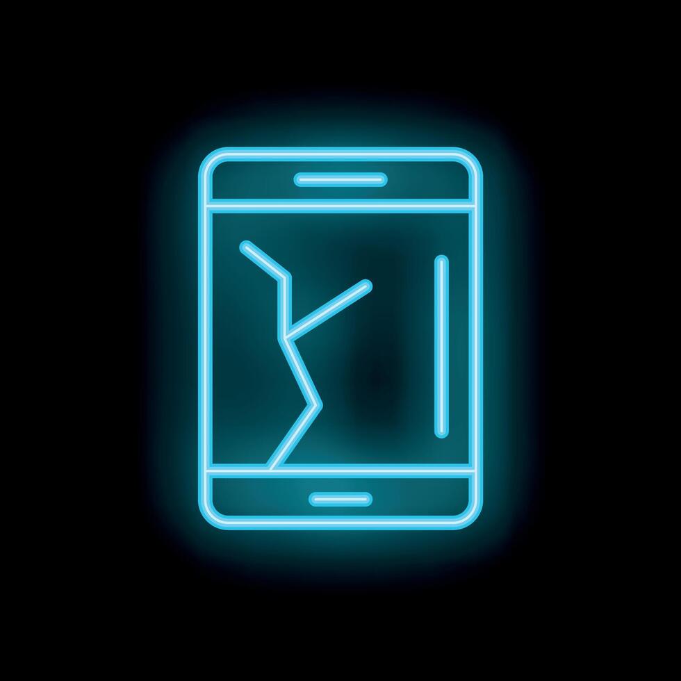 Neon icon of broken smart phone display showing cracks vector